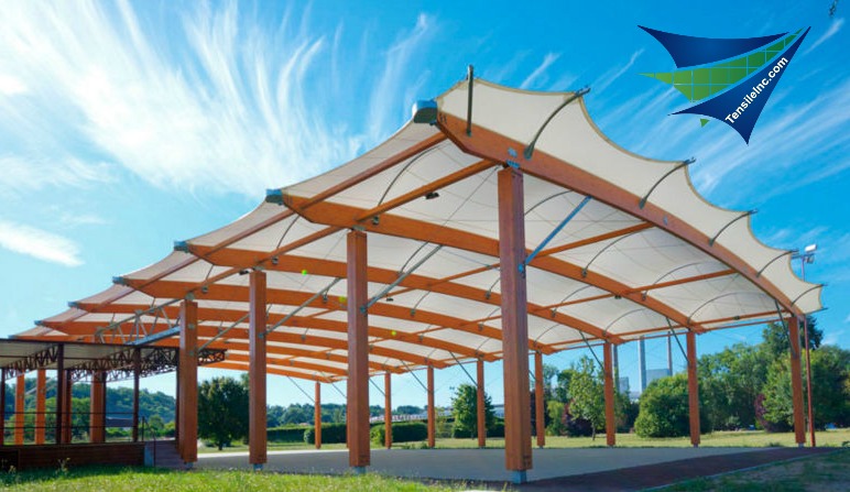 Environmentally sustainable tensile canopy structure providing shade and air flow to an area